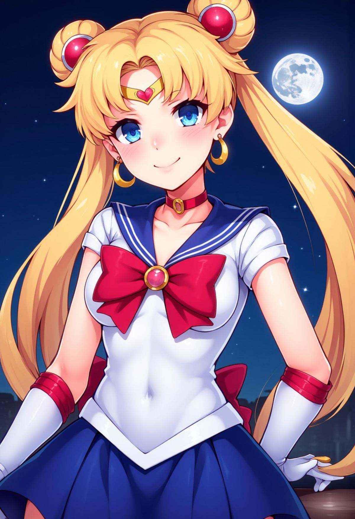 zzCitronCAT, tsukino usagi, sailor moon, 1girl, solo, long hair, medium breasts, 25 year old, blush, smile, bangs, blue eyes, skirt, blonde hair, shirt, hair ornament, gloves, bow, twintails, jewelry, very long hair, closed mouth, collarbone, white shirt, short sleeves, heart, cowboy shot, pleated skirt, earrings, sky, choker, elbow gloves, white gloves, bowtie, sailor collar, hair bun, red bow, blue skirt, parted bangs, double bun, night, magical girl, moon, blue sailor collar, crescent, brooch, red bowtie, night sky, full moon, circlet, back bow, red choker, sailor senshi uniform, heart brooch, heart choker, crescent earrings,
