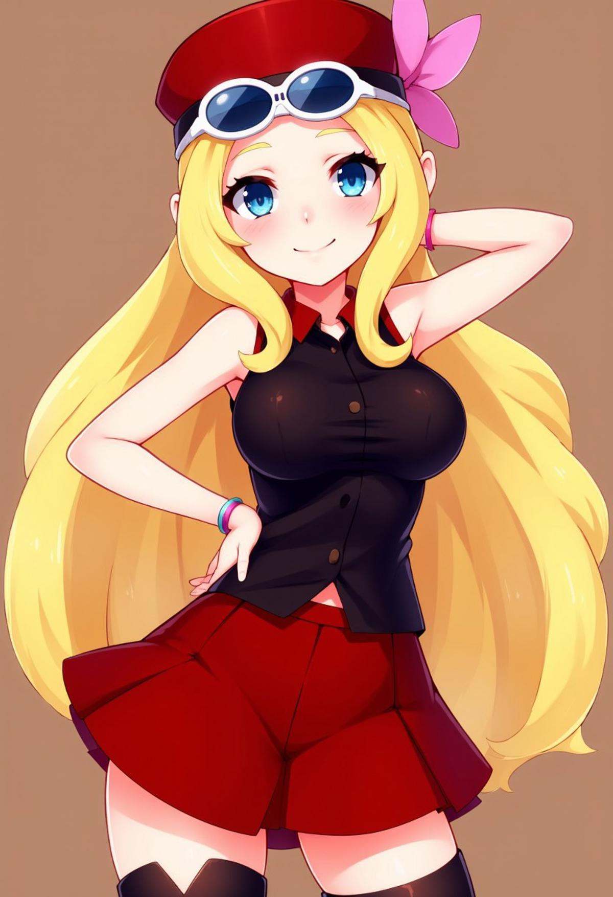zzCitronCAT, serena (pokemon), 1girl, solo, long hair, breasts, looking at viewer, blush, smile, blue eyes, skirt, blonde hair, shirt, thighhighs, hat, bare shoulders, jewelry, very long hair, closed mouth, standing, collarbone, cowboy shot, pleated skirt, earrings, round perfect breasts, sleeveless, collared shirt, black thighhighs, bracelet, zettai ryouiki, hand on hip, black shirt, sleeveless shirt, red skirt, sunglasses, red headwear, eyewear on head, low-tied long hair, brown background, contrapposto, pink headwear, white-framed eyewear, eyewear on headwear