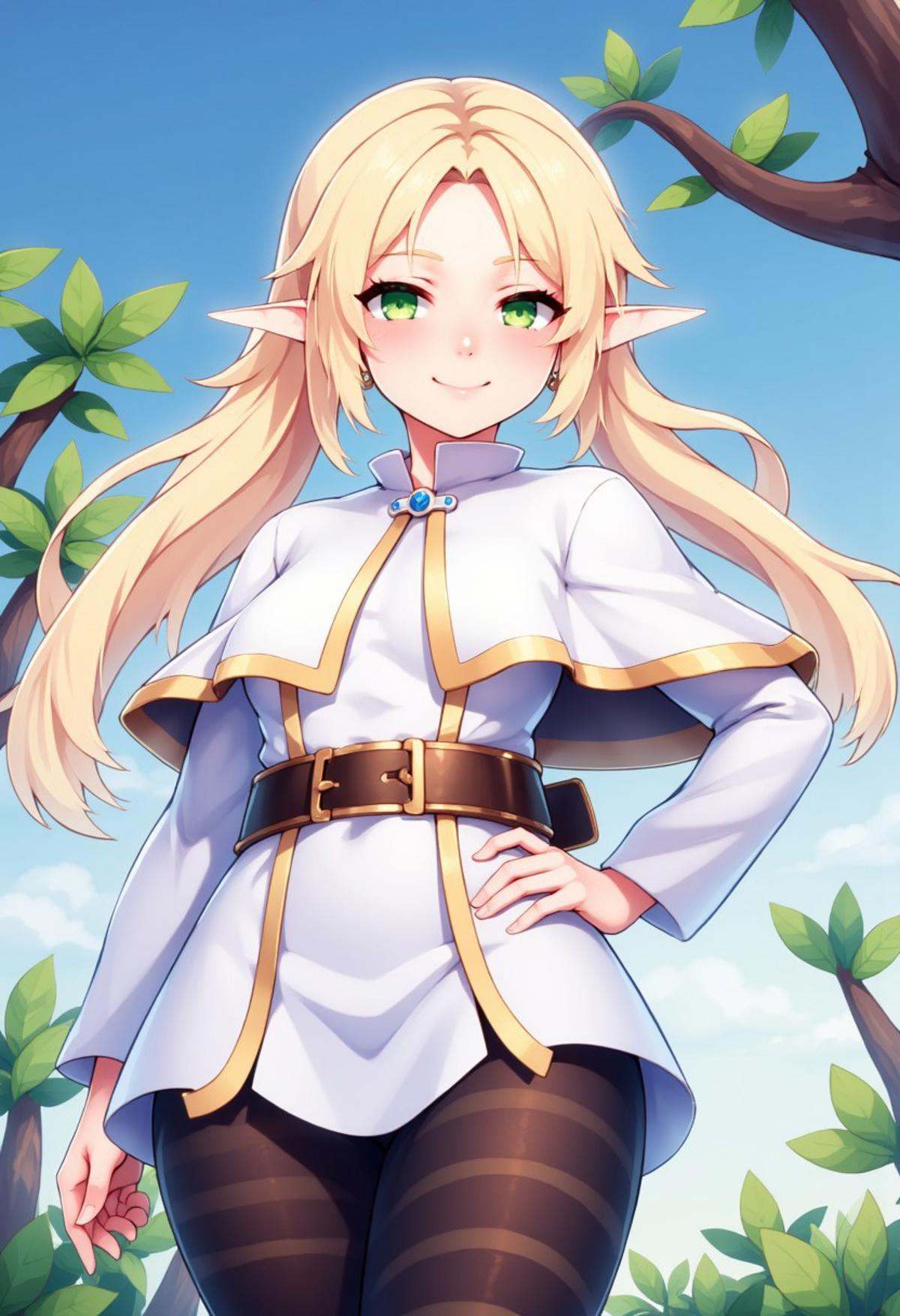 zzCitronCAT, frieren, 1girl, solo, long hair, looking at viewer, smile, bangs, long sleeves, dress, twintails, jewelry, closed mouth, green eyes, pantyhose, cowboy shot, earrings, pointy ears, striped, belt, white dress, hand on hip, parted bangs, black pantyhose, capelet, elf, white capelet, from below, 