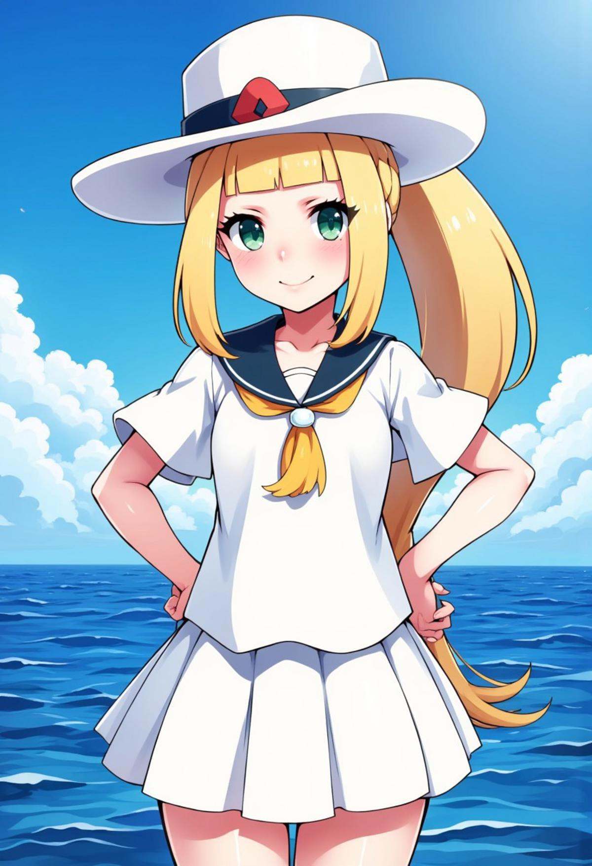 zzCitronCAT, 1girl, solo, long hair, looking at viewer, blush, smile, bangs, skirt, blonde hair, shirt, closed mouth, green eyes, standing, collarbone, white shirt, ponytail, braid, short sleeves, cowboy shot, pleated skirt, outdoors, sky, day, shiny, cloud, miniskirt, blunt bangs, sailor collar, water, blue sky, eyelashes, ocean, white skirt, hands on hips, contrail, lillie (pokemon), white sun hat, 