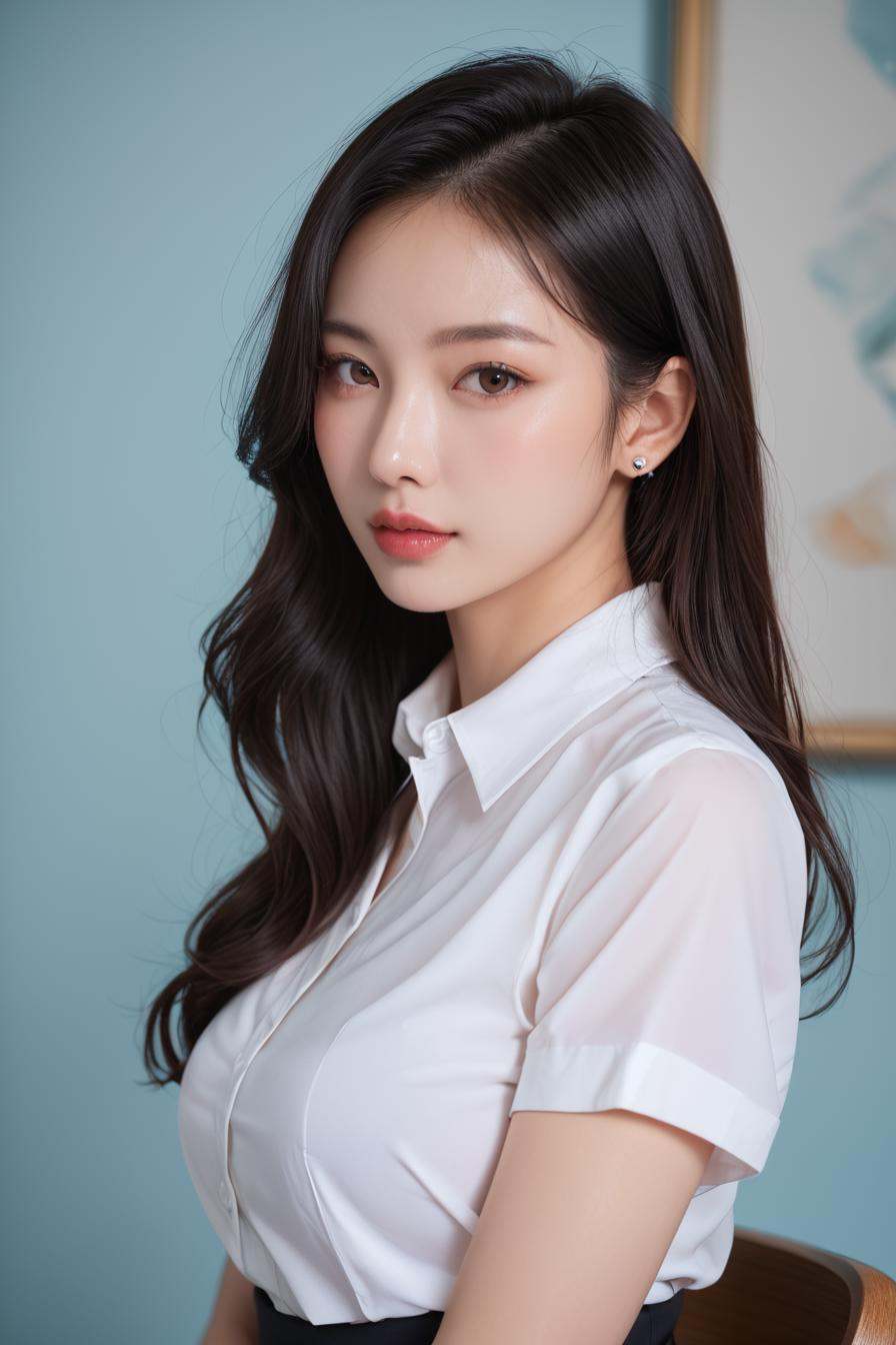 a stunning real medium breasts Korean woman with long,  flowing dark hair,  her piercing gaze directly addressing the view...