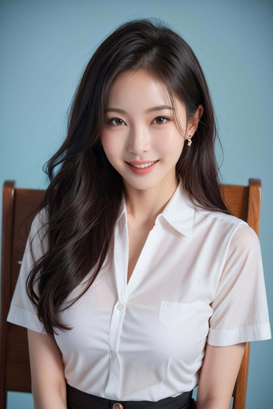 a stunning real medium breasts Korean woman with long,  flowing dark hair,  her piercing gaze directly addressing the view...