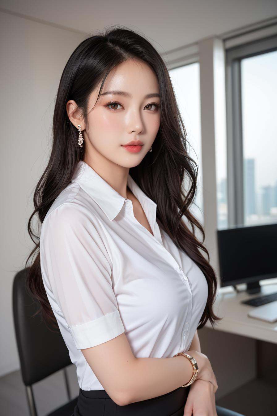 a stunning real medium breasts Korean woman with long,  flowing dark hair,  her piercing gaze directly addressing the view...