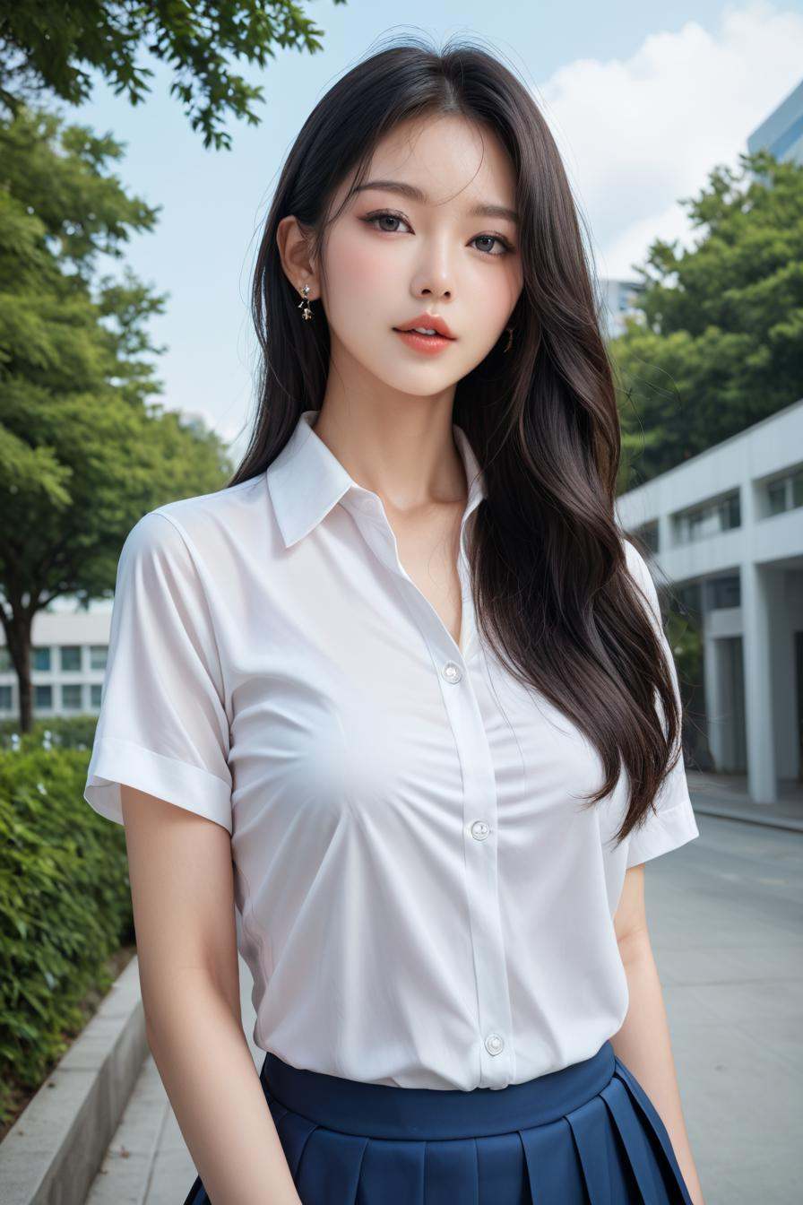 a stunning real medium breasts Korean woman with long,  flowing dark hair,  her piercing gaze directly addressing the view...
