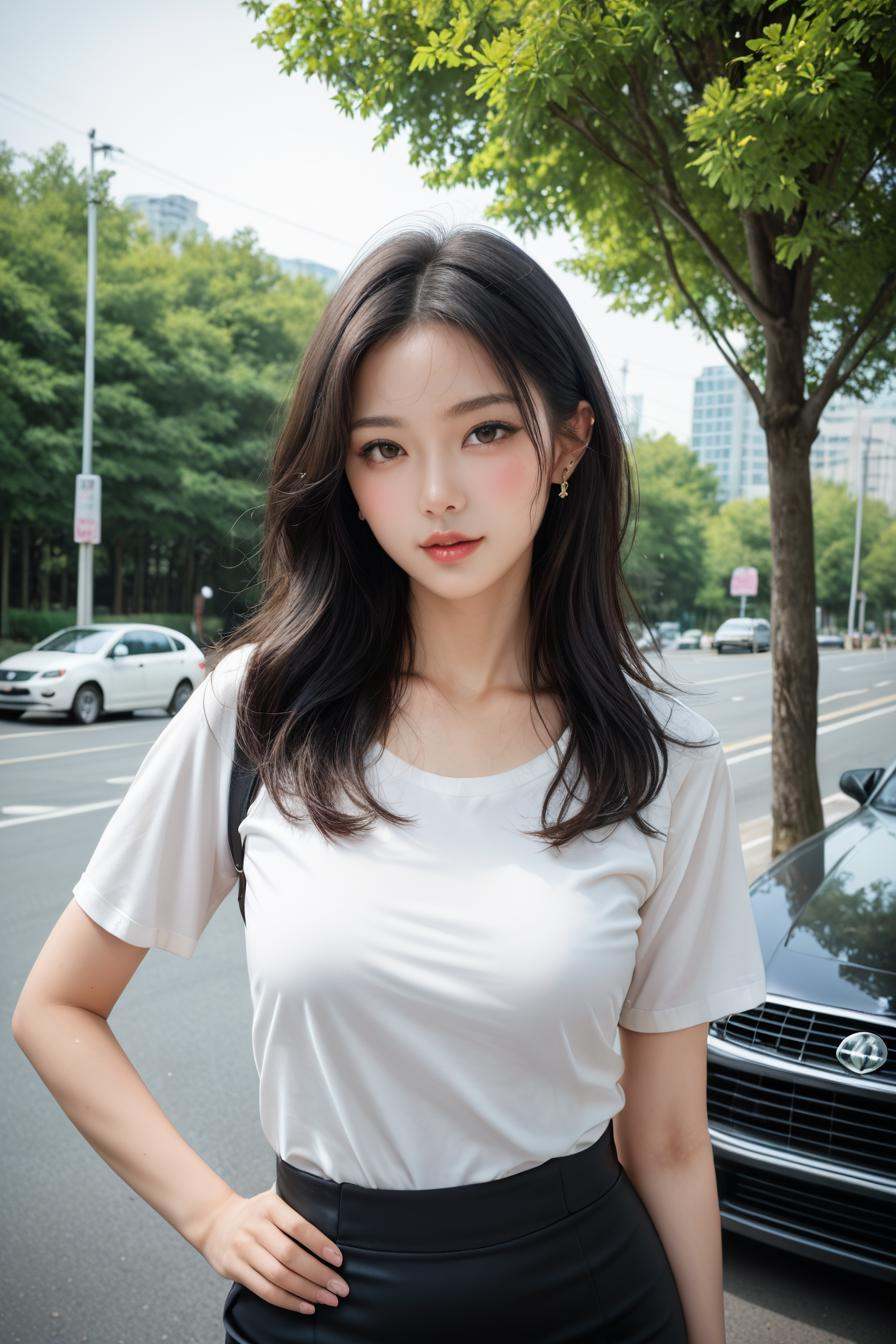 a stunning real medium breasts Korean woman with long,  flowing dark hair,  her piercing gaze directly addressing the view...