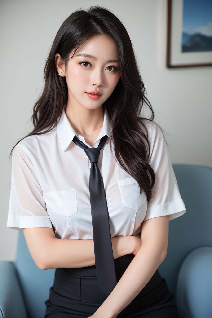 a stunning real medium breasts Korean woman with long,  flowing dark hair,  her piercing gaze directly addressing the view...