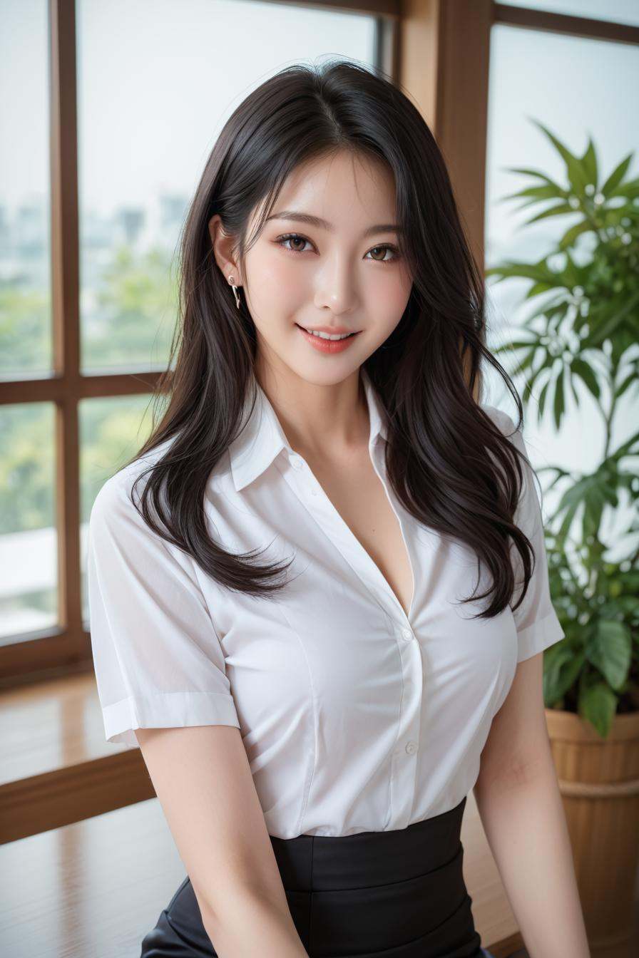 a stunning real medium breasts Korean woman with long,  flowing dark hair,  her piercing gaze directly addressing the view...