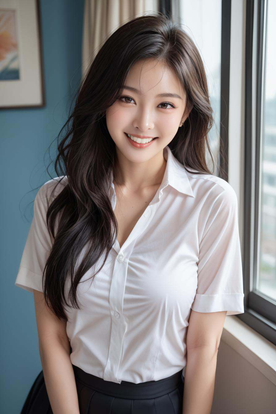 a stunning real medium breasts Korean woman with long,  flowing dark hair,  her piercing gaze directly addressing the view...