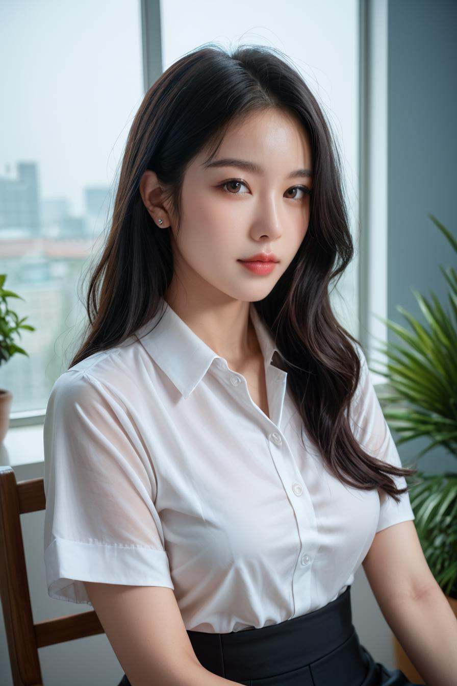 a stunning real medium breasts Korean woman with long,  flowing dark hair,  her piercing gaze directly addressing the view...