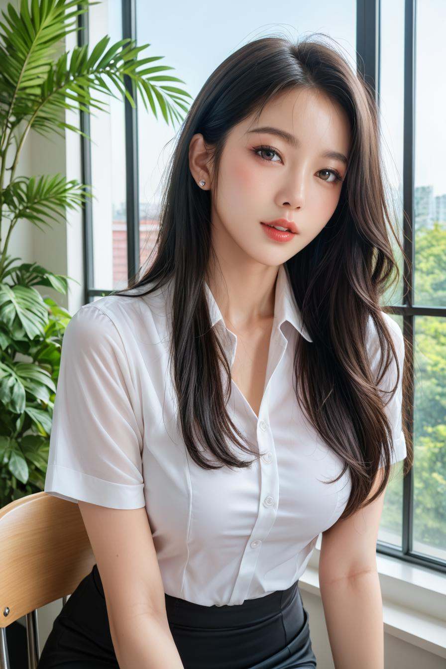 a stunning real medium breasts Korean woman with long,  flowing dark hair,  her piercing gaze directly addressing the view...