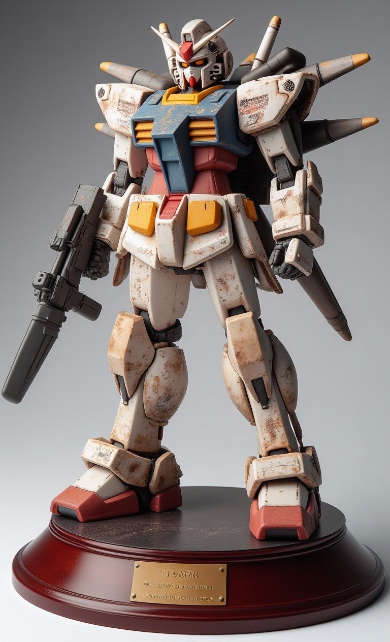 A super-realistic figure,  heavily armored RX-78 Gundam,  A highly detailed 1/60 scale model with weathered battle damage...