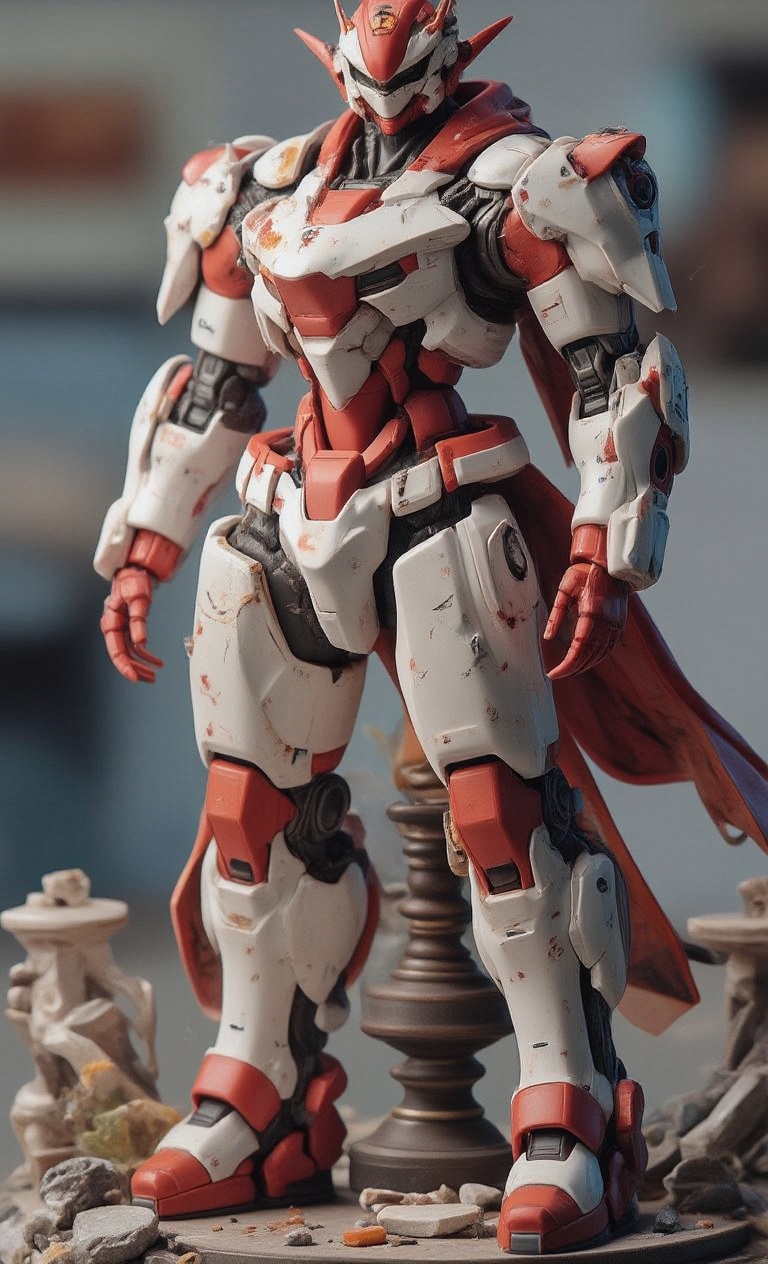 A masterpiece,  this plastic model robot figurine stands proudly on a rubble-strewn pedestal,  the robot is painted in whi...