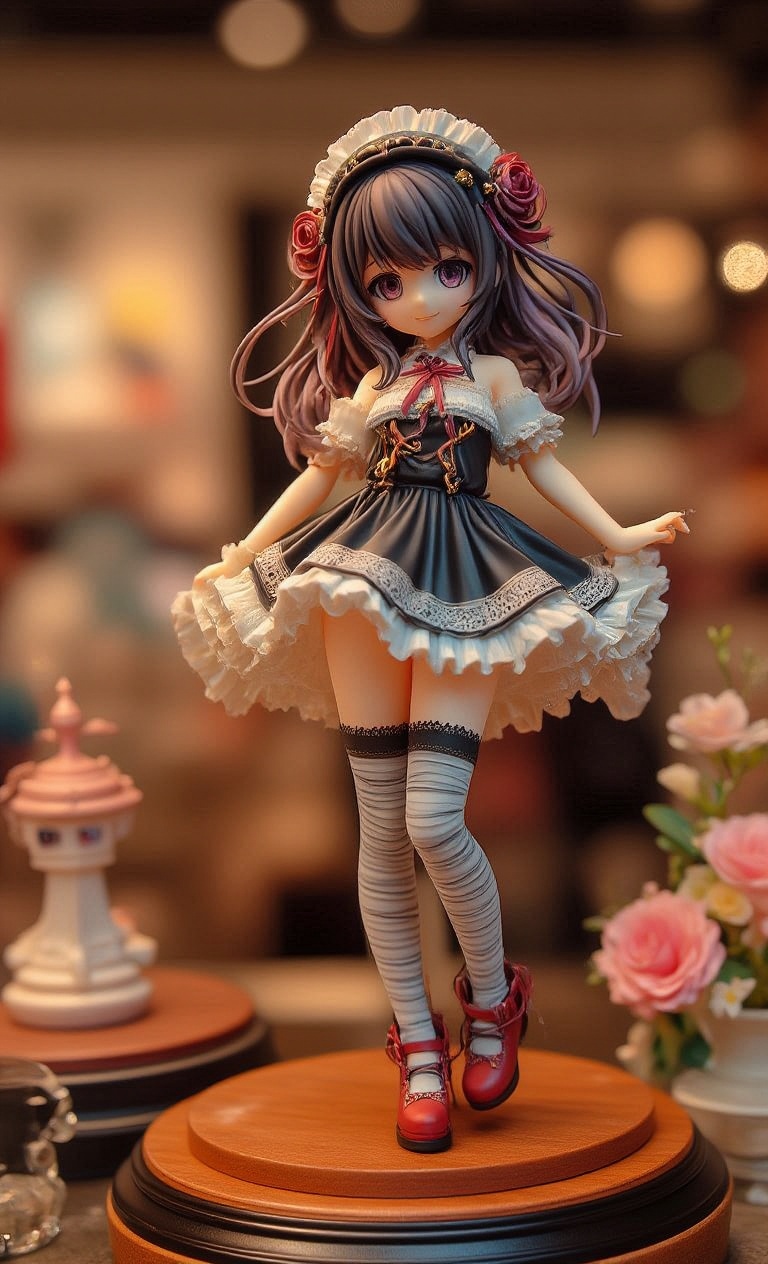 A detailed display of a Gothic Lolita anime resin figure placed on a display shelf. The figure wears a black and white ruf...
