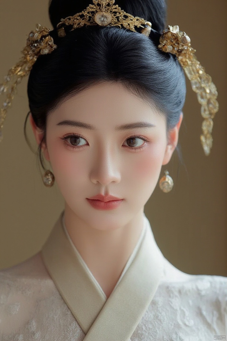 the image features a woman in traditional attire with ornate hair accessories. The style of clothing and the intricate details of the hair ornaments suggest a historical or cultural theme, possibly inspired by East Asian traditions. The overall aesthetic is elegant and refined.
