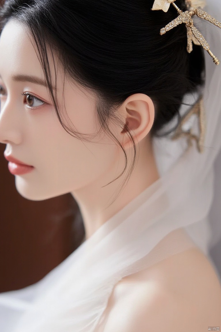 the image features a woman in traditional attire with ornate hair accessories. The style of clothing and the intricate details of the hair ornaments suggest a historical or cultural theme, possibly inspired by East Asian traditions. The overall aesthetic is elegant and refined.
