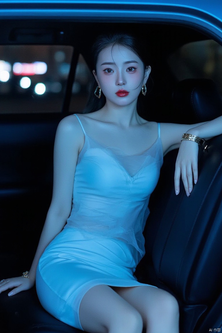 1girl,seated in the backseat of a car. She has fair skin, long black hair tied in a low ponytail, and striking red lipstick. She is wearing a sleeveless, light blue, form-fitting dress with thin straps and a high neckline, which accentuates her slender physique and small to medium-sized breasts. The dress is made of a sheer, light blue fabric that flows down to her knees, revealing her bare legs. She accessorizes with large, gold hoop earrings and a matching gold bracelet on her left wrist. Her pose is relaxed yet elegant; she is sitting with her legs crossed and her right arm resting on the backseat, while her left arm is placed on her lap. The interior of the car is dark, with a blue tint to the light, creating a moody, introspective atmosphere. The car’s black leather seats and door are visible, along with a hint of the outside world through the car windows, where blurred bokeh lights suggest a nighttime urban setting. The overall composition and color palette evoke a sense of calm and sophistication, with the subject's serene expression adding to the contemplative mood of the photograph.
