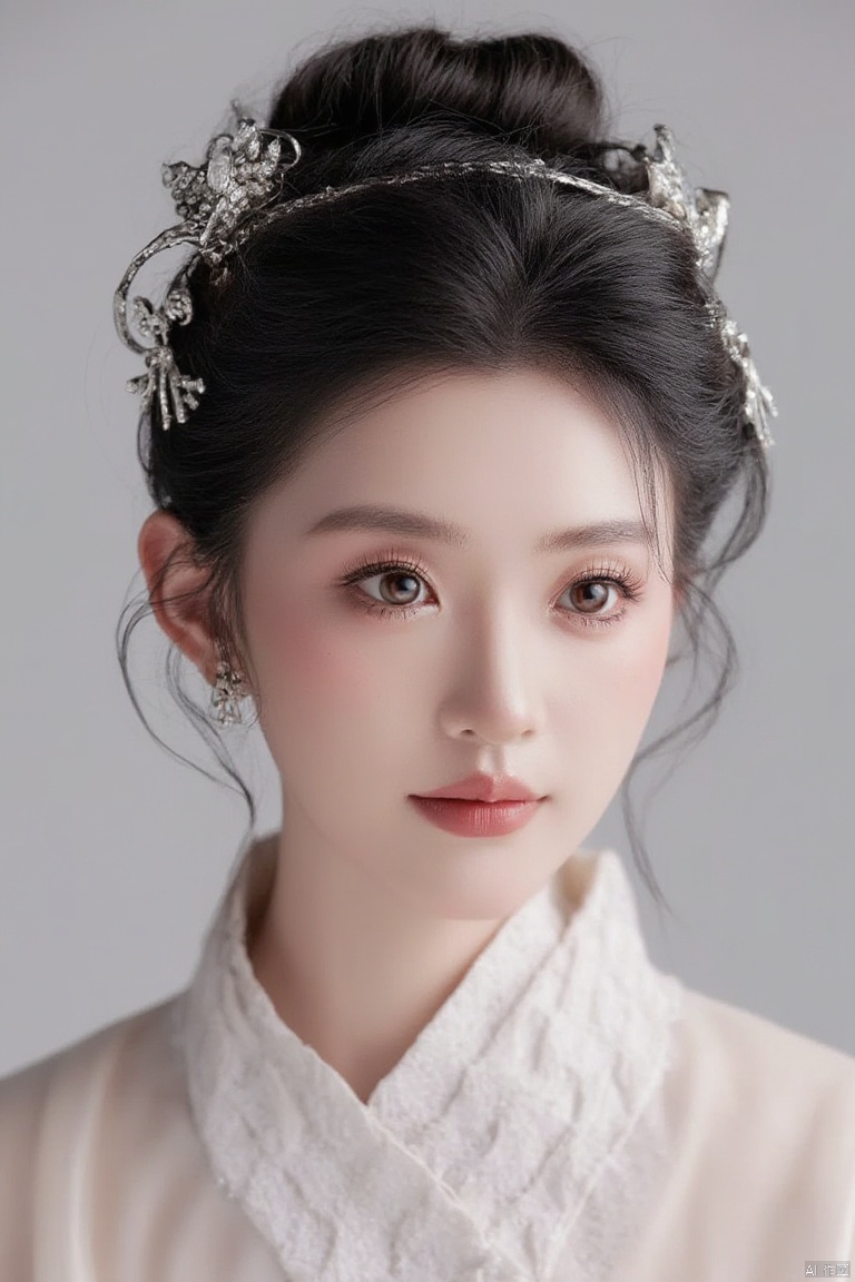 the image features a woman in traditional attire with ornate hair accessories. The style of clothing and the intricate details of the hair ornaments suggest a historical or cultural theme, possibly inspired by East Asian traditions. The overall aesthetic is elegant and refined.
