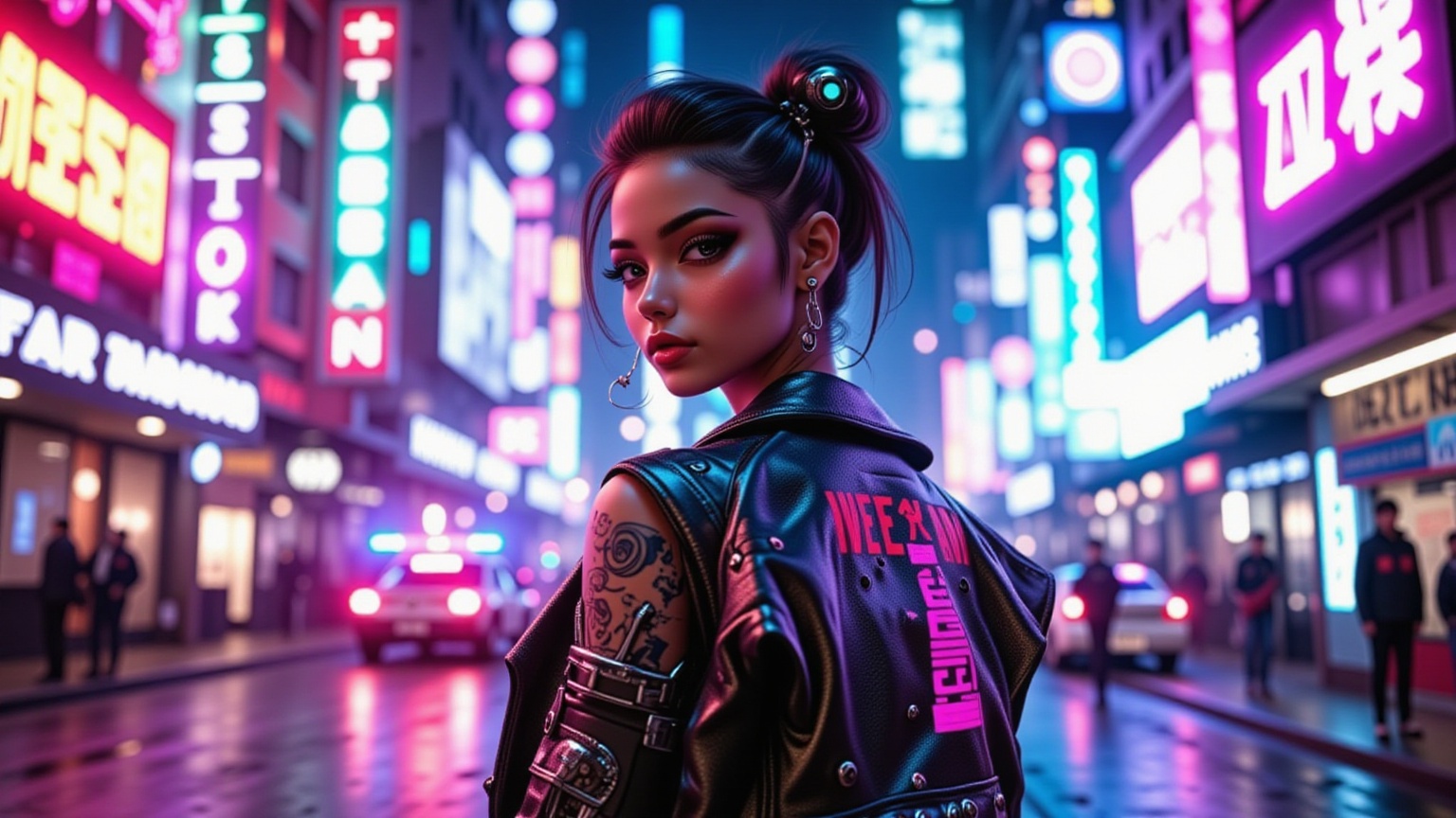 A mid-shot portrait of a stylish young asian woman standing in a bustling futuristic cyberpunk city,  rendered in Octane w...