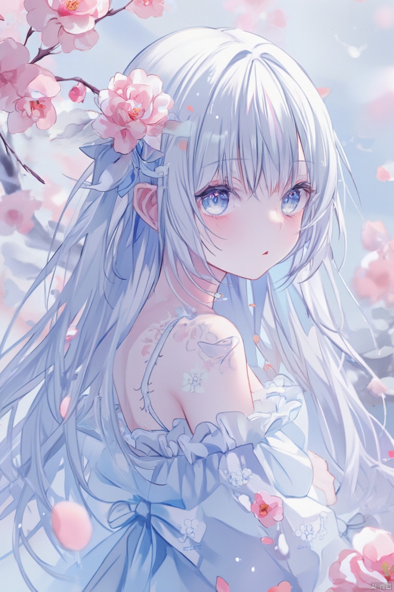 (loli: 1.21),  A young girl with long white hair,  a lone girl stands against a misty on Tensor.Art