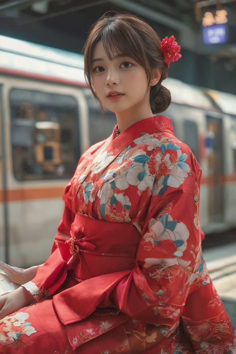 Thai girl in Red detailed kimono dress portrait in Train station,  the station sign 'AI-SARD' in the background with Highs...