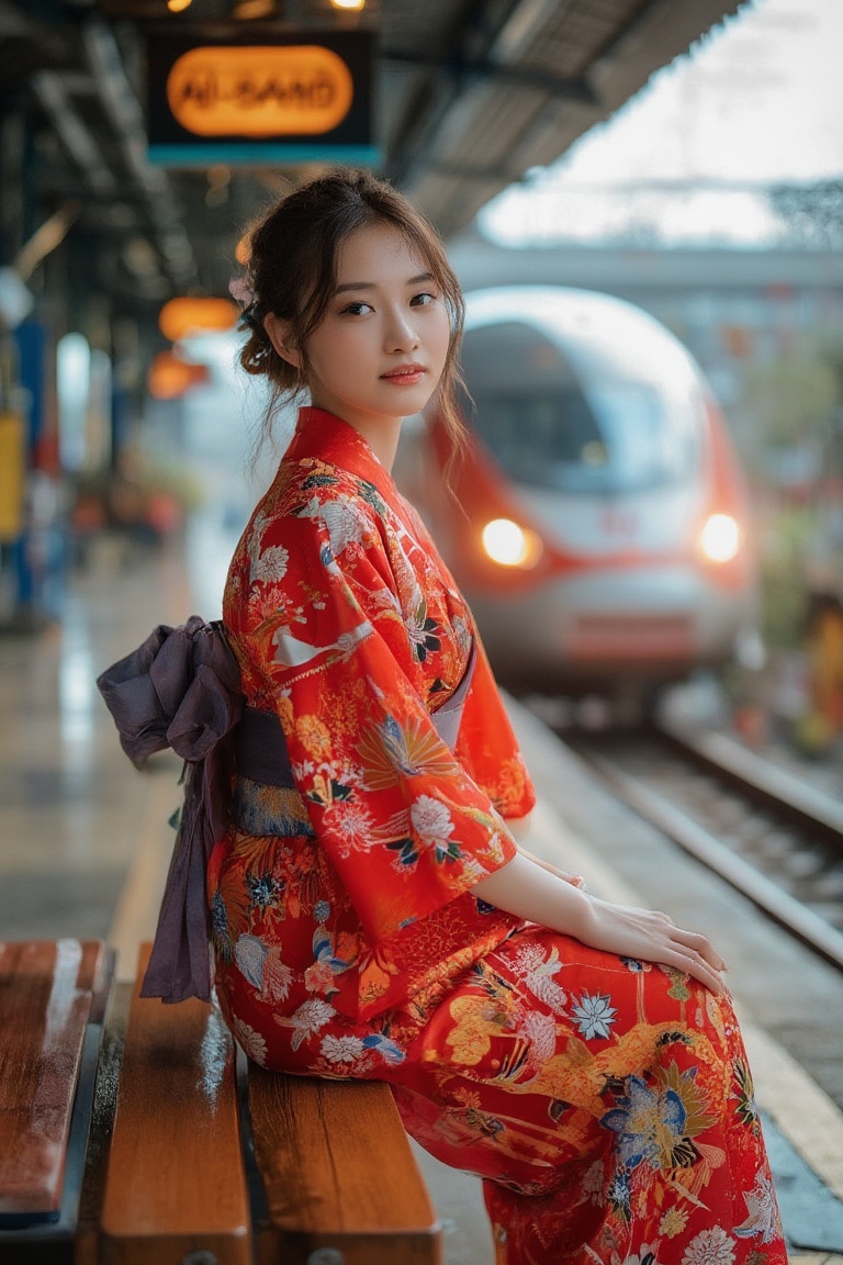 Thai girl in Red vibrant color kimono dress portrait in Train station,  sitting on the bench beside the train station with...