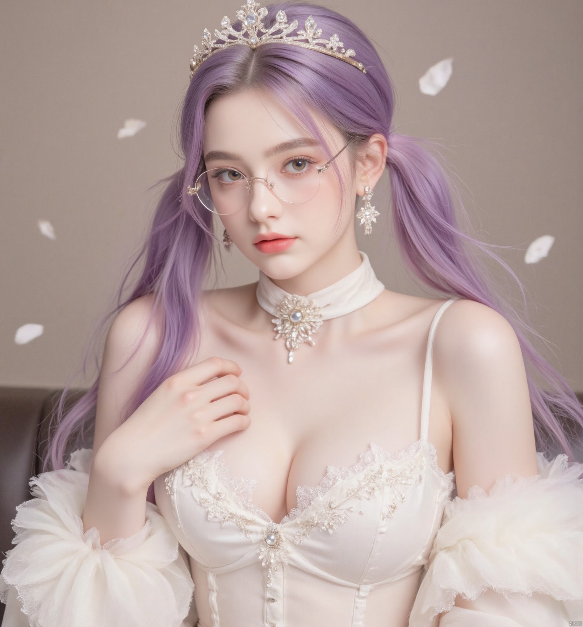 1girl, solo, long hair, breasts, looking at viewer, large breasts, dress, cleavage, twintails, jewelry, closed mouth, upper body, purple hair, earrings, glasses, choker, indoors, white dress, lips, tiara, hand on own chest, realistic, white choker