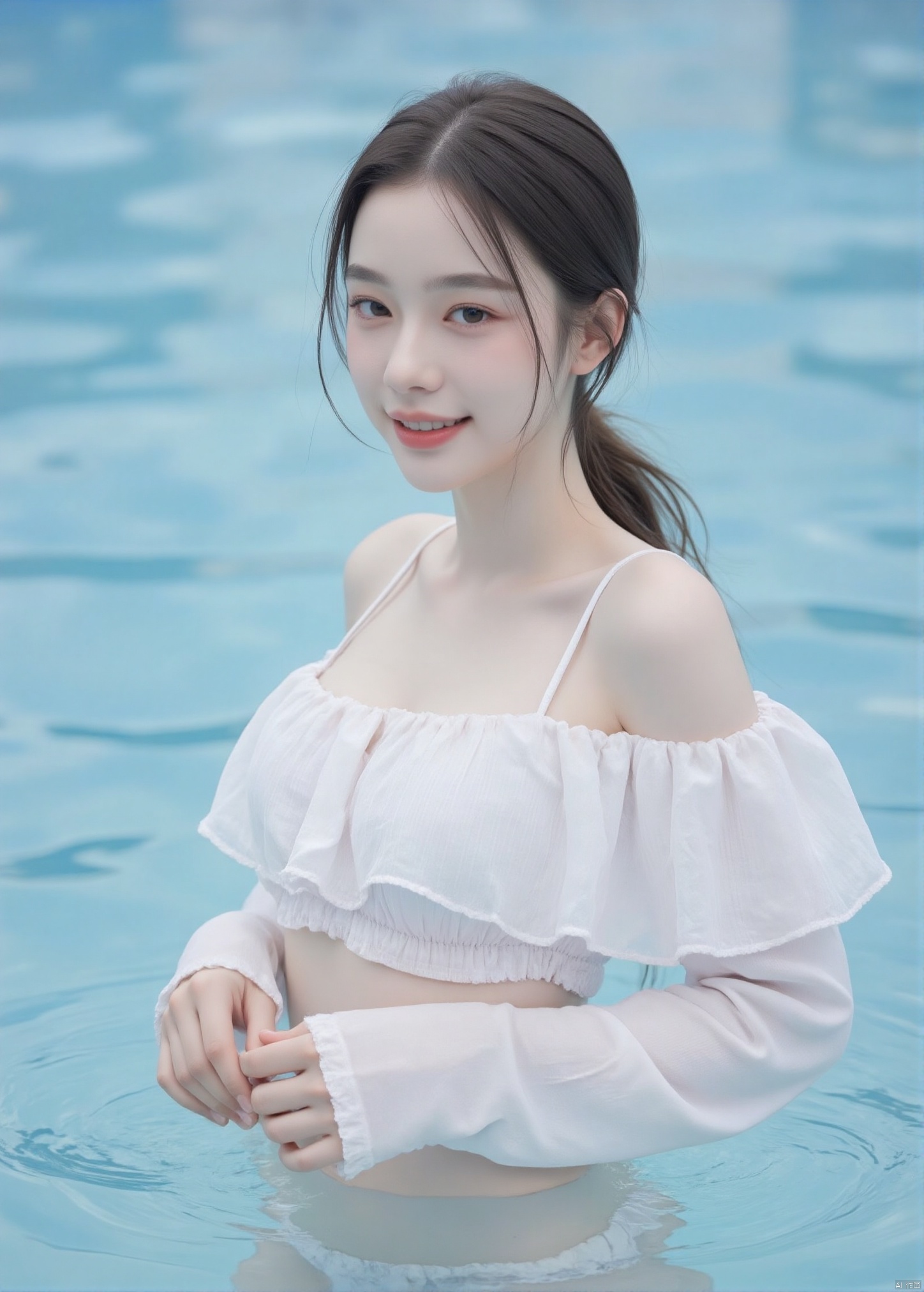 1girl,solo,upper body,stand,smile,Double ponytail hairstyle, long black hair, sweet and lovely, standing in the pool, water, white underwear, long sleeves, white off-shoulder long sleeves, navel, sweet and lovely facial features, 17-year-old girl, white skin, white skin,