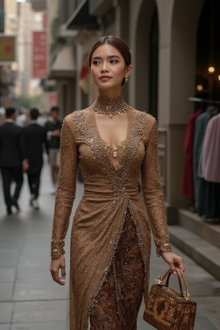 A stunning Indonesian woman elegantly walking through a bustling street,  wearing a modern and luxurious kebaya dress,  ad...