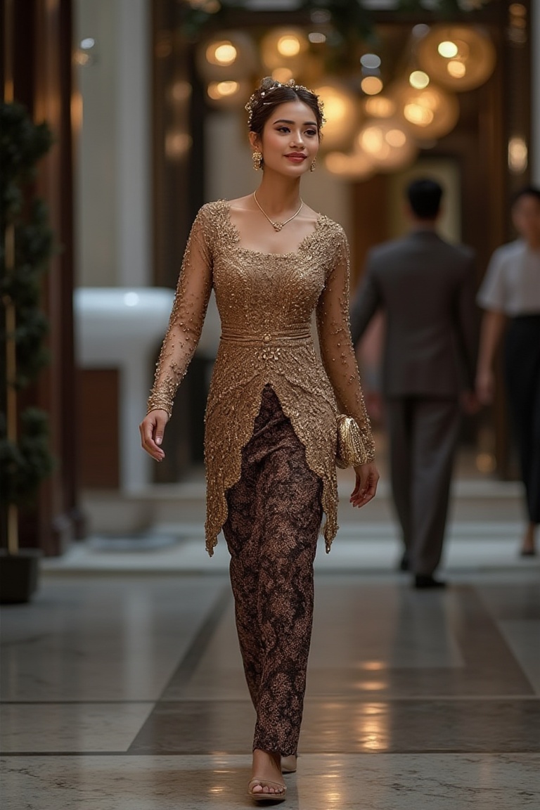 A stunning Indonesian woman elegantly walking through a bustling street,  wearing a modern and luxurious kebaya dress,  ad...