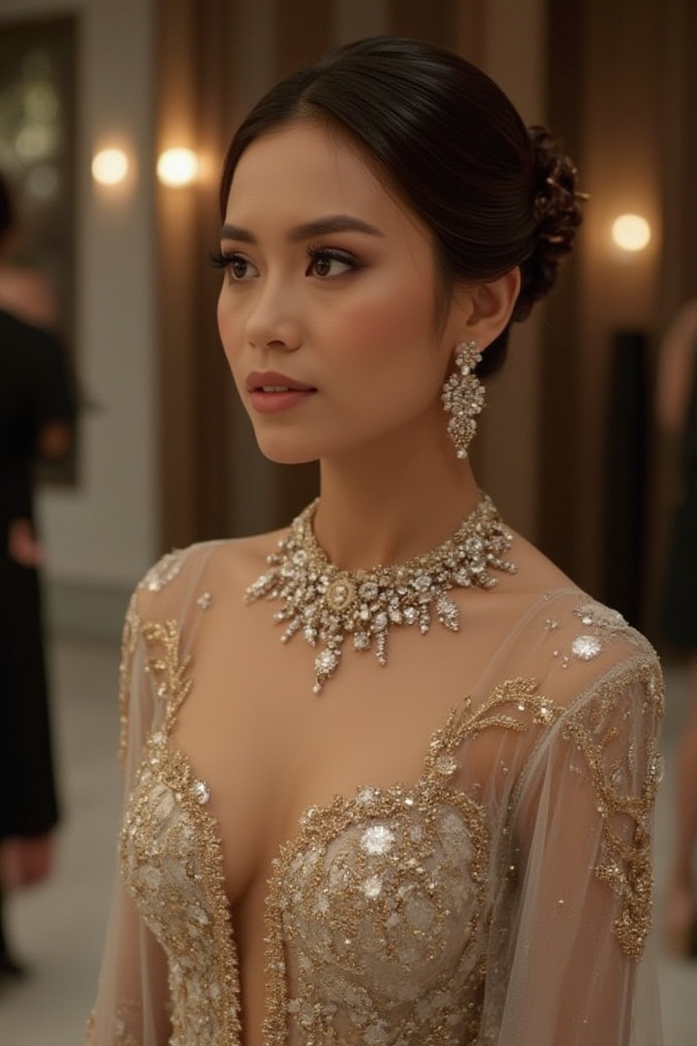 A stunning Indonesian woman at a luxurious modern party,  wearing an elegant and lavish white and gold kebaya dress,  ador...