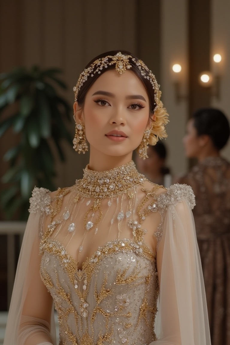A beautiful Indonesian woman at a luxurious modern party,  wearing an elegant and lavish white and gold kebaya dress,  hij...