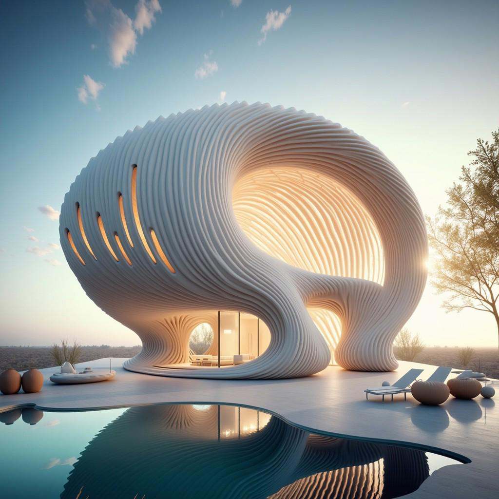 a beautiful architectural visualization of a futuristic Bio residence with a spiral-shaped exterior, resembling a seashell. Showcase the interplay of light and shadow on the curved surfaces, evoking a sense of tranquility and harmony. Set your professional camera to aperture priority mode, f/11, ISO 100, and use a fish-eye lens for a unique perspective