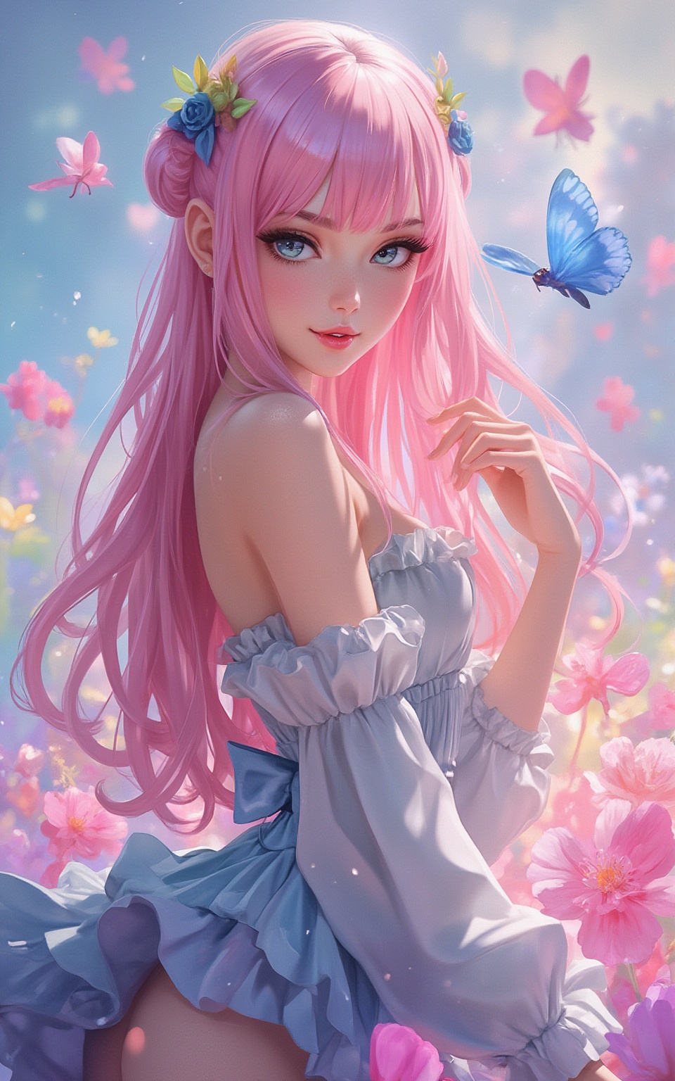 adorable,  charming,  and life-like anime girl. She should have long wavy hair in pastel colors on Tensor.Art