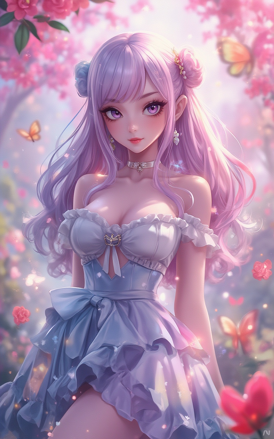 adorable and charming anime girl. She should have long wavy hair in pastel colors,  such as pink or blue,  and big bright...