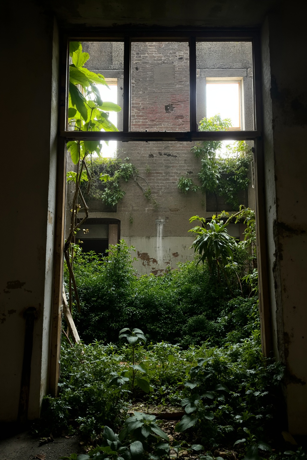 A ruined house,  abandoned and with vegetation inside,  the view is from the view of a window of the house and the sunligh...