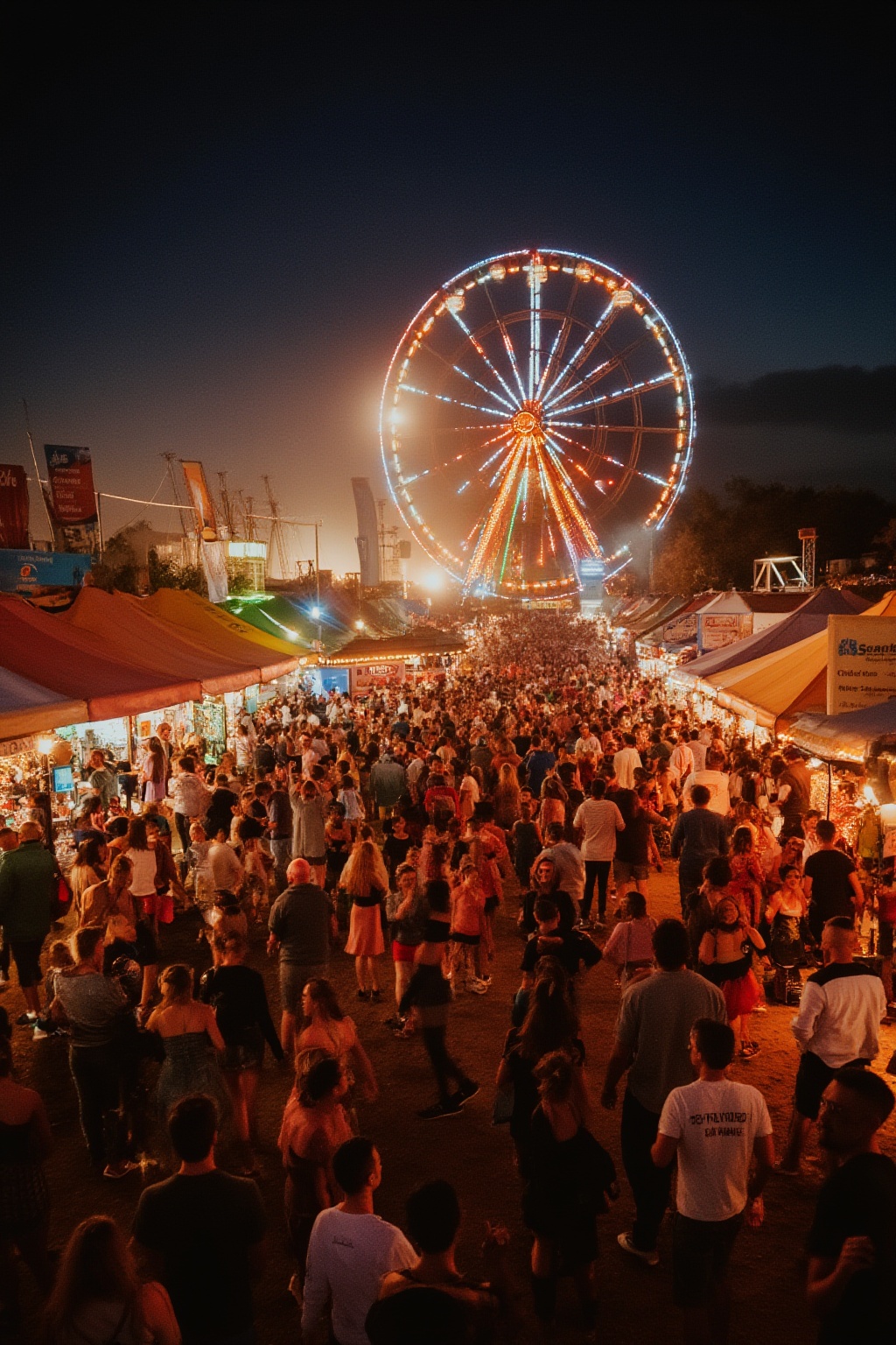 A vibrant festival scene unfolds before us. The camera captures a wide-angle shot of a bustling street,  with colorful ten...