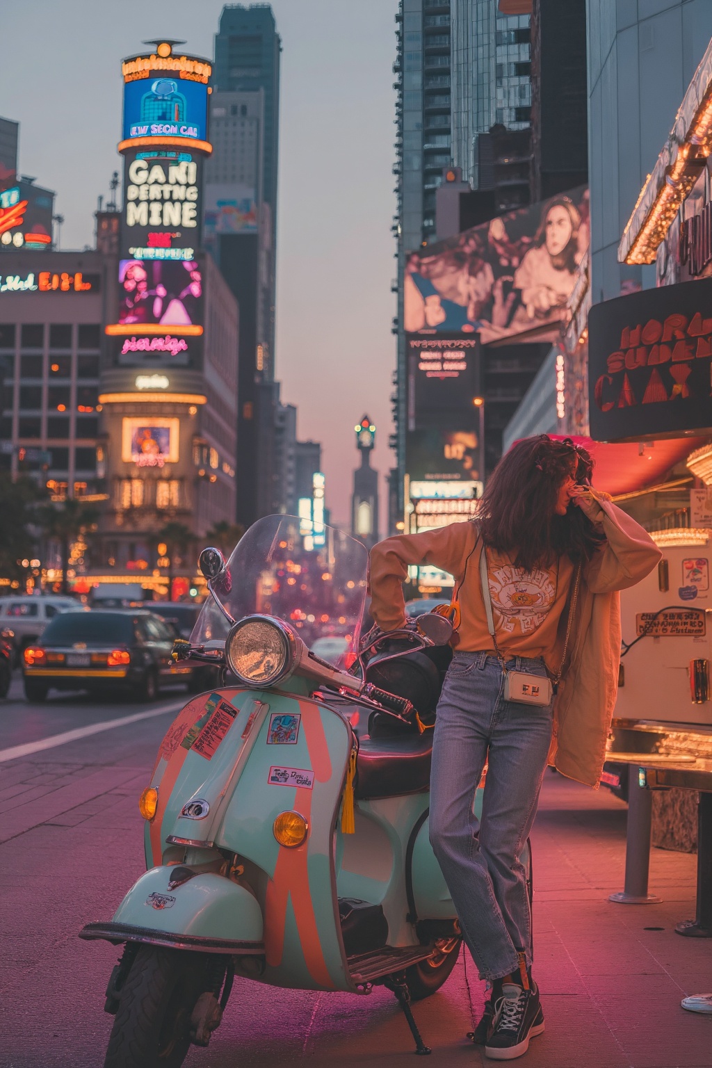 A nostalgic scene unfolds: Neon-lit streets of 1980s suburbia. A pastel-colored Vespa scooter is parked on a sidewalk,  ad...