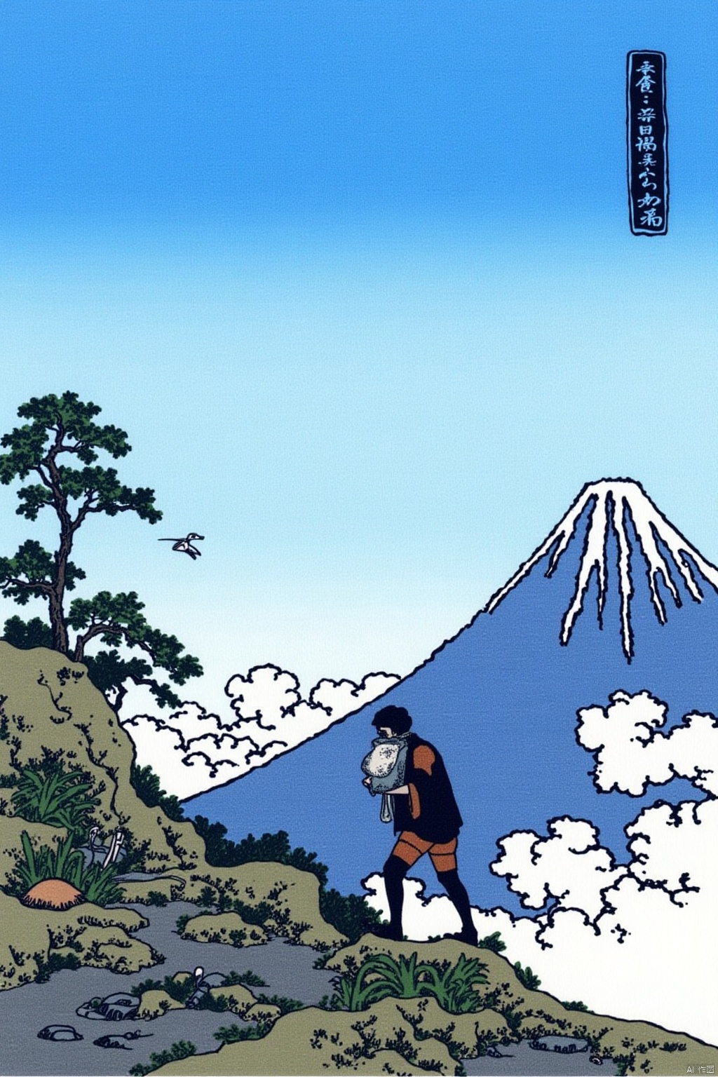 solo, outdoors, sky, tree, bird, nature, scenery, mountain,ukiyo-e