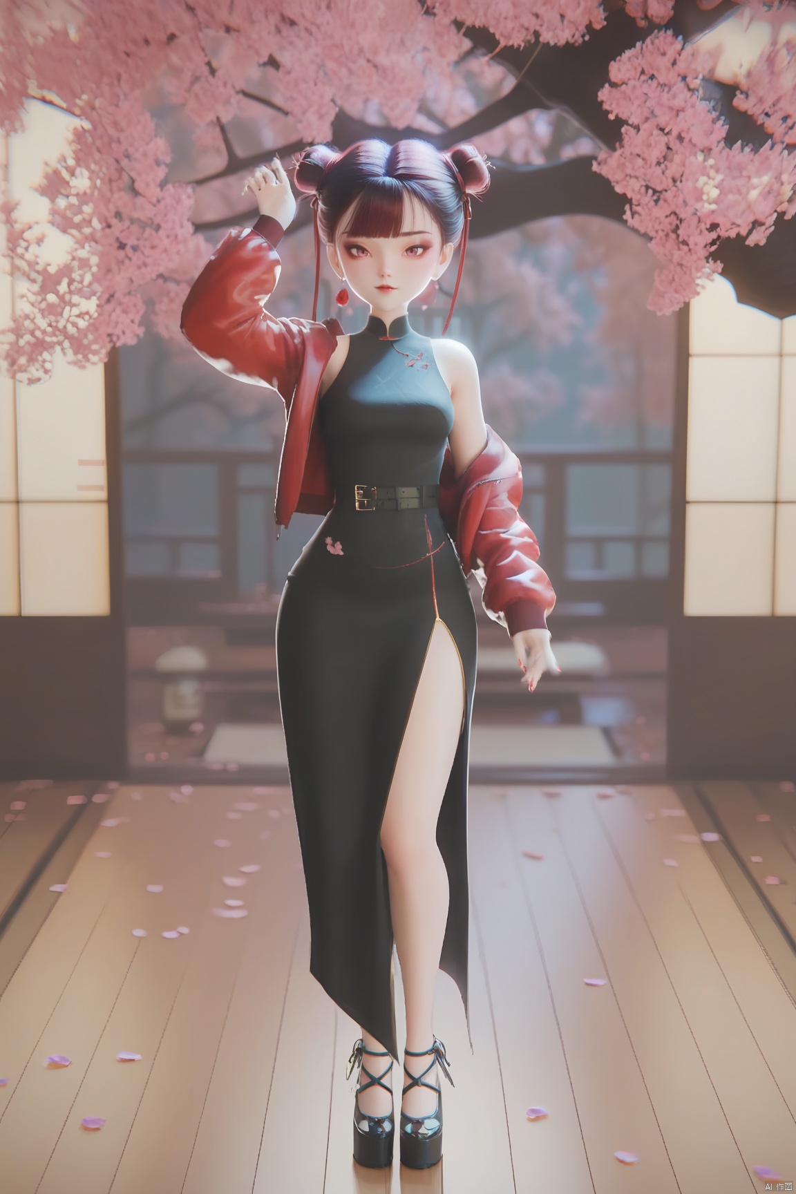 score_9, score_8_up, score_7_up,highly detailed digital,1girl, solo, breasts, looking at viewer, short hair, bangs, black hair, long sleeves, dress, bare shoulders, jewelry, standing, jacket, full body, flower, red hair, multicolored hair, outdoors, sleeveless, belt, indoors, blunt bangs, off shoulder, hair bun, nail polish, black footwear, blurry, black dress, arm up, petals, double bun, makeup, sleeveless dress, cherry blossoms, red nails, red jacket, side slit, wooden floor, platform footwear, falling petals

