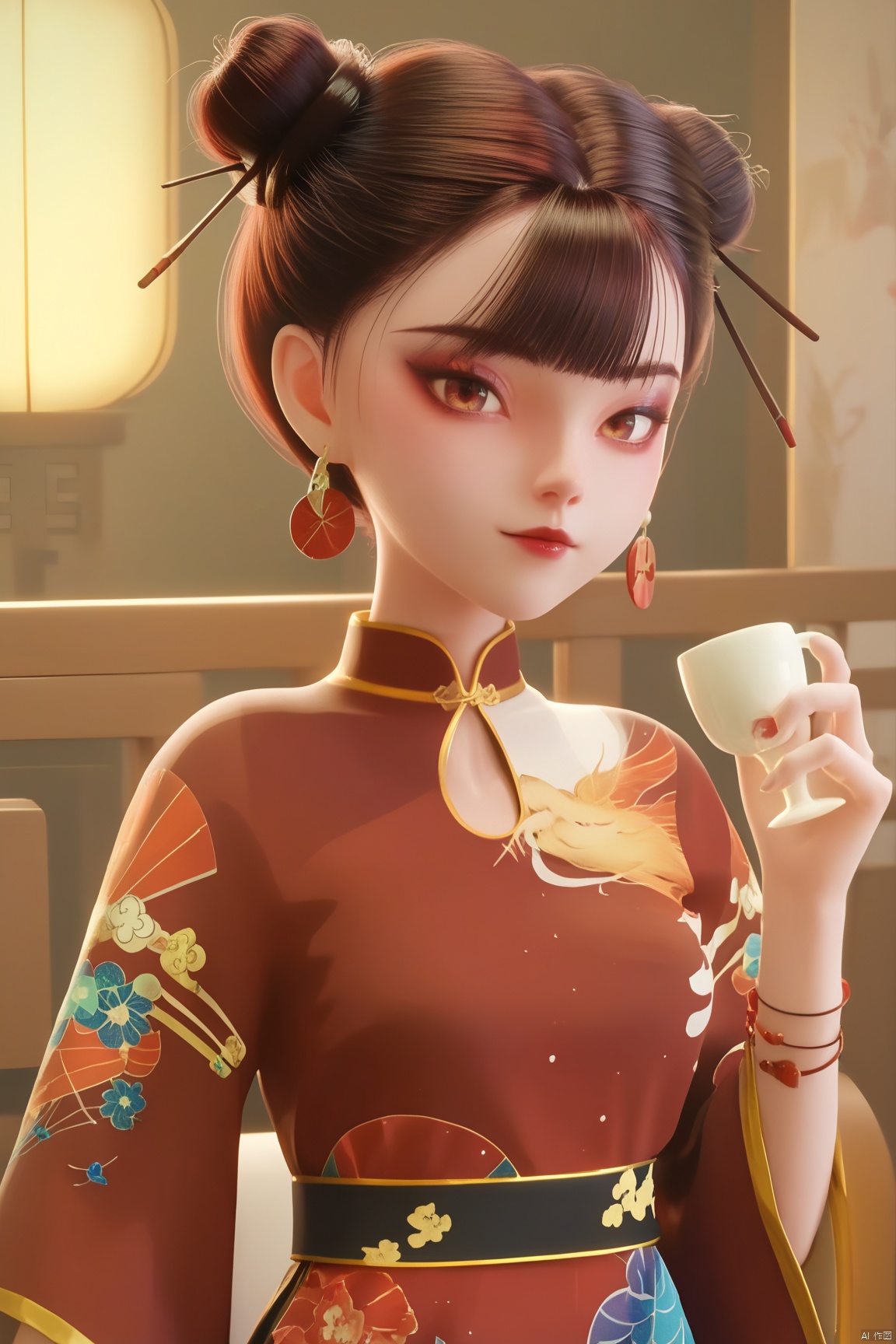 score_9, score_8_up, score_7_up,highly detailed digital,1girl, solo, looking at viewer, short hair, bangs, brown hair, black hair, hair ornament, dress, holding, brown eyes, jewelry, upper body, earrings, indoors, hair bun, bracelet, cup, makeup, chair, chinese clothes, red dress, china dress, holding cup, realistic, red lips
