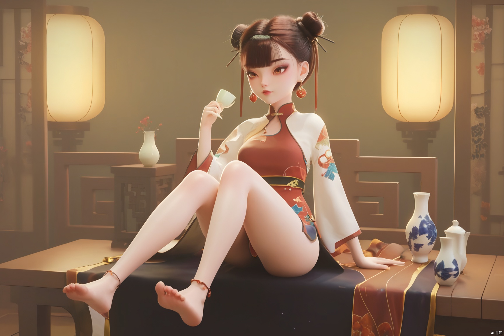 score_9, score_8_up, score_7_up,highly detailed digital,1girl, solo, breasts, short hair, bangs, brown hair, hair ornament, dress, holding, brown eyes, jewelry, sitting, full body, earrings, food, barefoot, indoors, wide sleeves, blunt bangs, hair bun, feet, cup, lips, legs, eyelashes, bare legs, double bun, toes, arm support, chinese clothes, soles, table, single hair bun, bottle, china dress, lantern, anklet, vase

