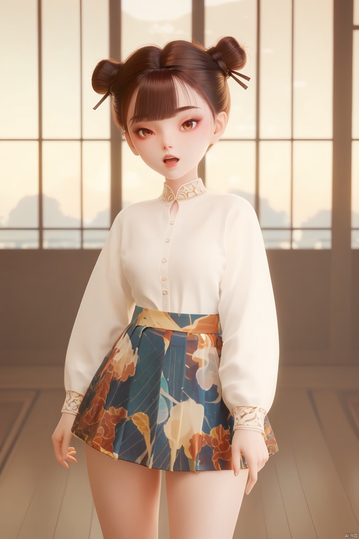 score_9, score_8_up, score_7_up,highly detailed digital,1girl, solo, looking at viewer, short hair, open mouth, bangs, skirt, brown hair, shirt, long sleeves, brown eyes, standing, white shirt, indoors, hair bun, double bun
