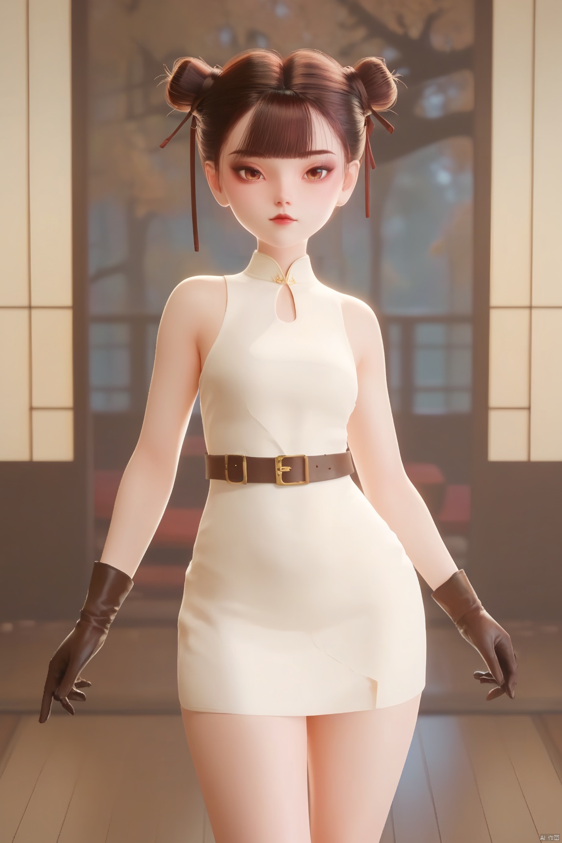 score_9, score_8_up, score_7_up,highly detailed digital,1girl, solo, looking at viewer, short hair, bangs, brown hair, gloves, dress, brown eyes, closed mouth, standing, cowboy shot, sleeveless, belt, indoors, blunt bangs, hair bun, white dress, lips,double bun, sleeveless dress, short dress

