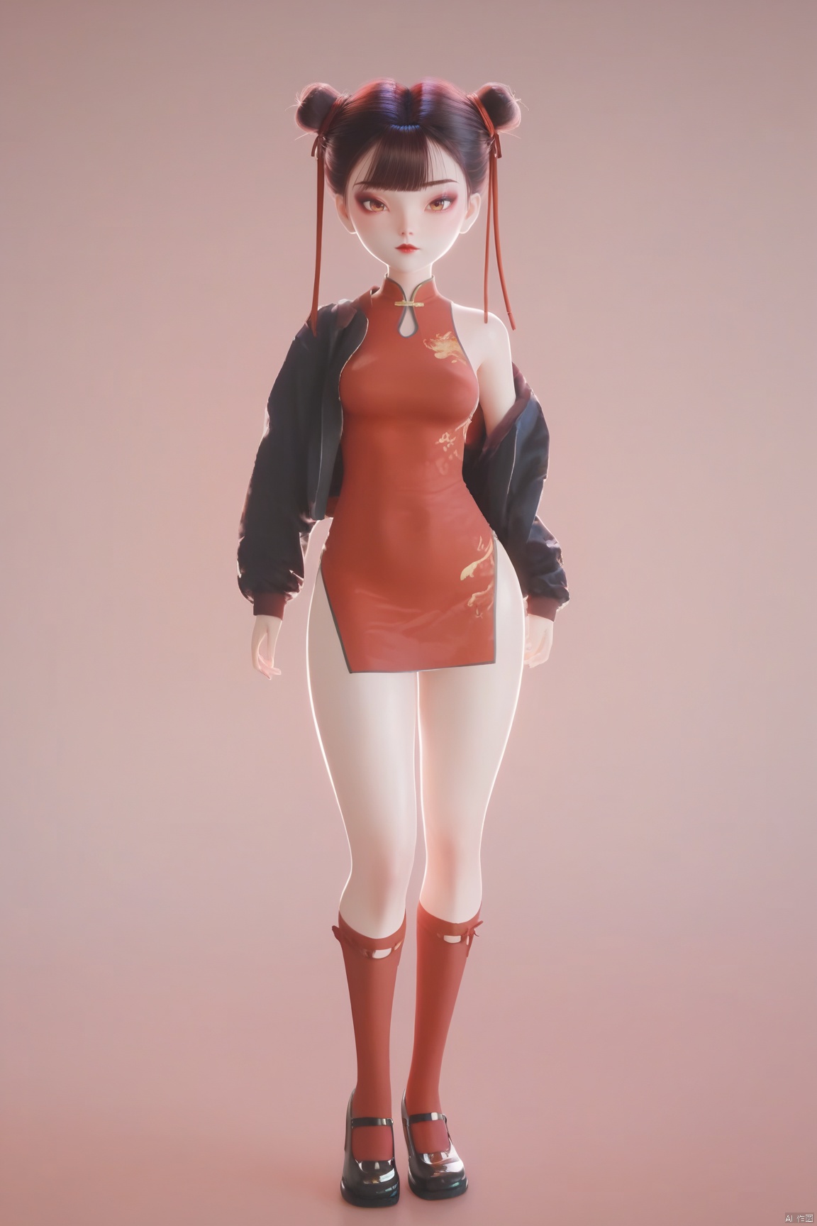score_9, score_8_up, score_7_up,highly detailed digital,1girl, solo, breasts, looking at viewer, short hair, bangs, simple background, black hair, long sleeves, dress, ribbon, brown eyes, closed mouth, standing, jacket, full body, hair ribbon, open clothes, shoes, socks, off shoulder, hair bun, black footwear, open jacket, red ribbon, black jacket, gradient, kneehighs, gradient background, double bun, makeup, chinese clothes, short dress, red dress, china dress, red lips, red socks