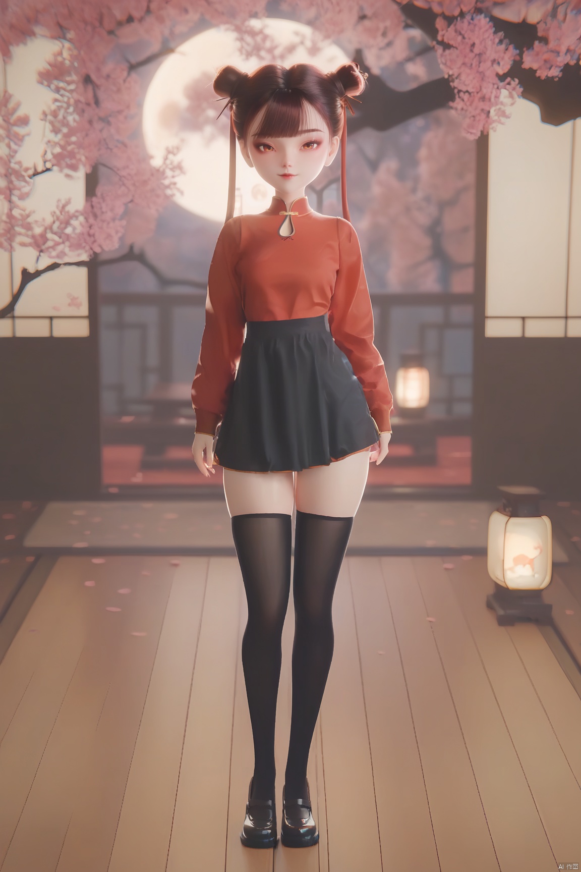 score_9, score_8_up, score_7_up,highly detailed digital,1girl, solo, looking at viewer, bangs, skirt, brown hair, shirt, thighhighs, long sleeves, twintails, brown eyes, standing, full body, shoes, black thighhighs, indoors, black skirt, hair bun, black footwear, blurry, arm up, zettai ryouiki, double bun, chinese clothes, moon, red shirt, lantern, wooden floor

