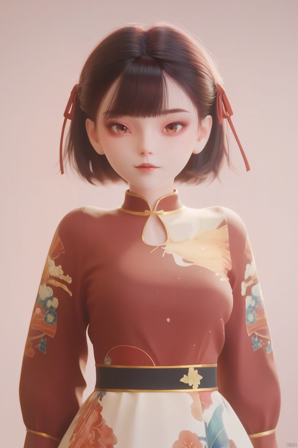 score_9, score_8_up, score_7_up,highly detailed digital,1girl, solo, breasts, looking at viewer, short hair, bangs, simple background, black hair, long sleeves, dress, ribbon, brown eyes, 