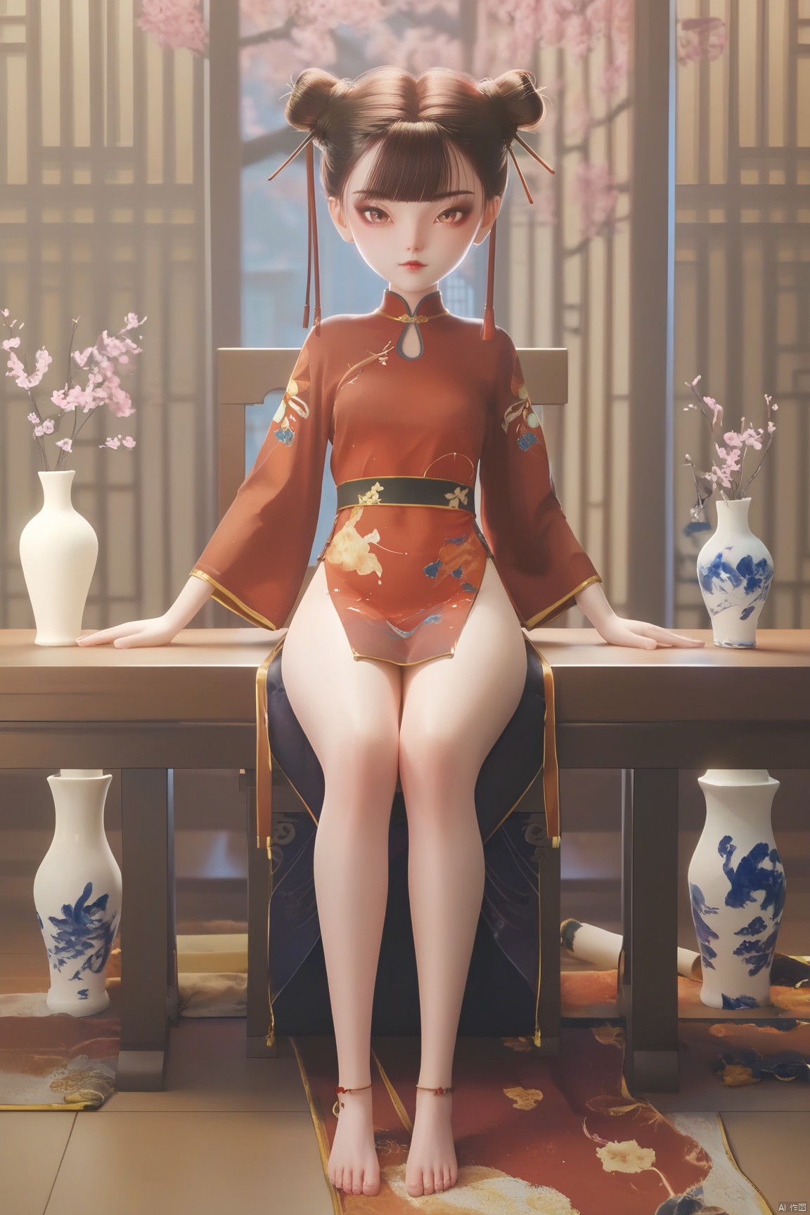 score_9, score_8_up, score_7_up,highly detailed digital,1girl, solo, looking at viewer, bangs, brown hair, hair ornament, holding, brown eyes, jewelry, sitting, closed mouth, full body, barefoot, indoors, blunt bangs, hair bun, feet, double bun, toes, chinese clothes, table, head rest, anklet, architecture, east asian architecture, vase, lattice

