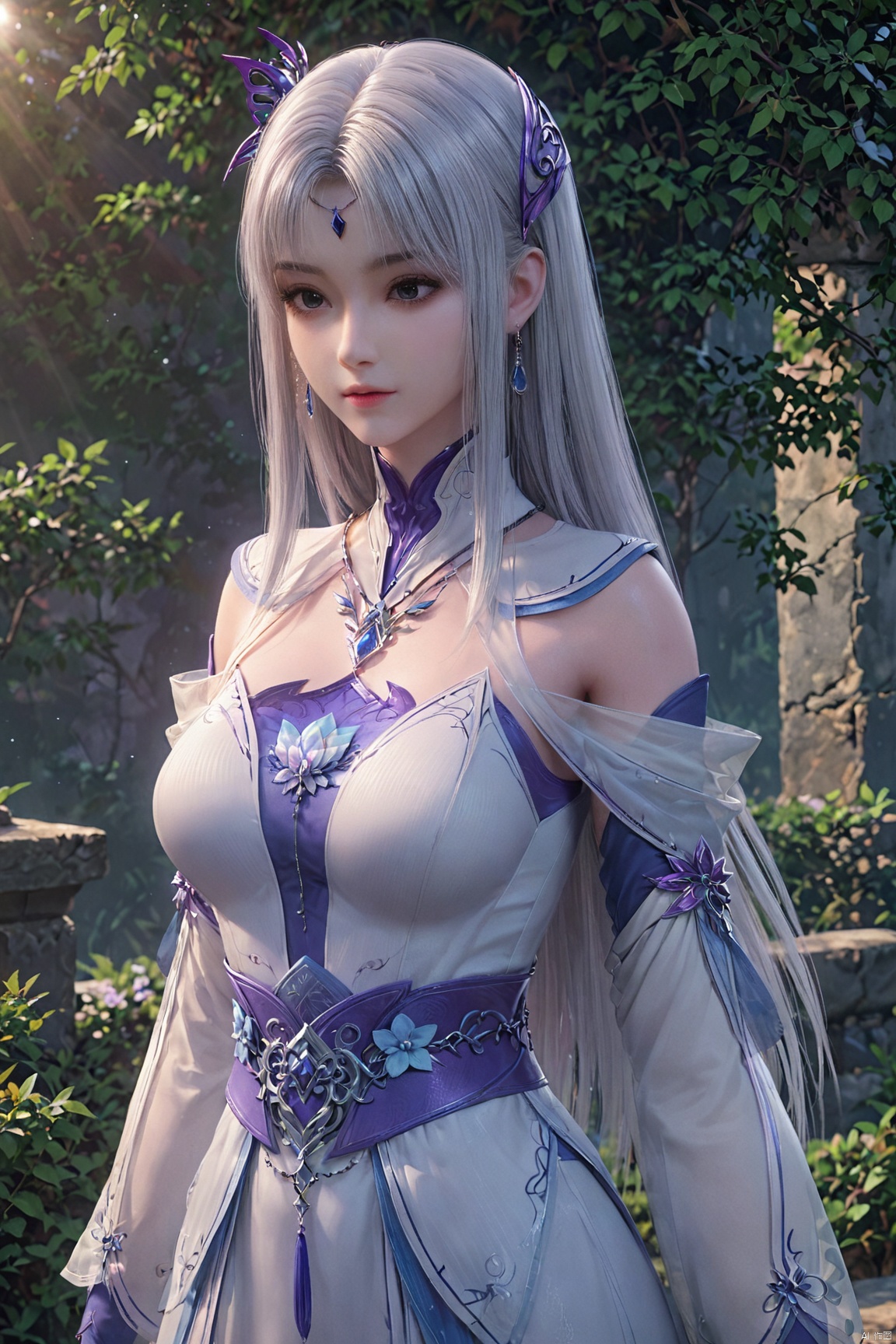 score_9_up,score_8_up,score_7_up, XYX,1girl, solo, long hair, breasts, blue eyes, white gray hair, hair ornament, long sleeves, separate sleeve ,off shoulder,dress, jewelry, upper body, earrings, necklace, white dress, sash, sunlight,