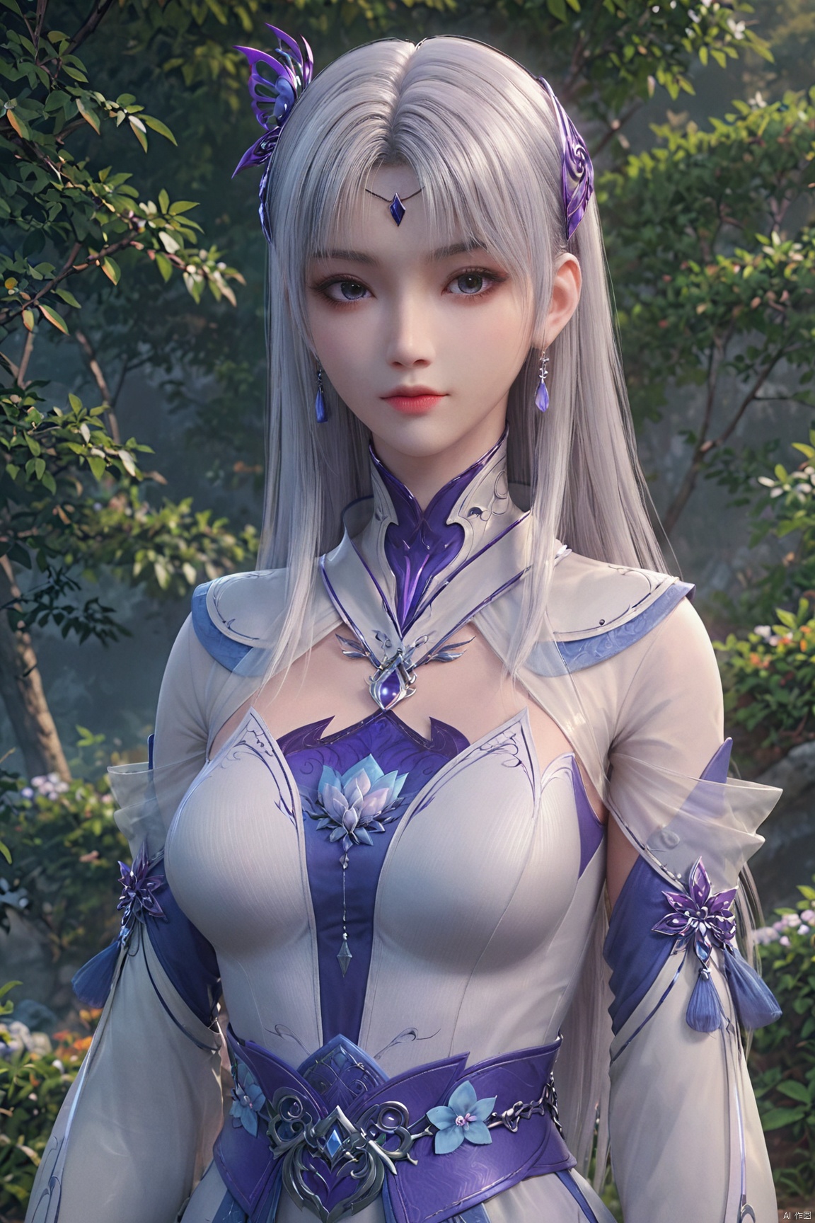 score_9_up,score_8_up,score_7_up, XYX,1girl, solo, long hair, breasts, blue eyes, white gray hair, hair ornament, long sleeves, separate sleeve ,dress, jewelry, upper body, earrings, necklace, white dress, sash, light