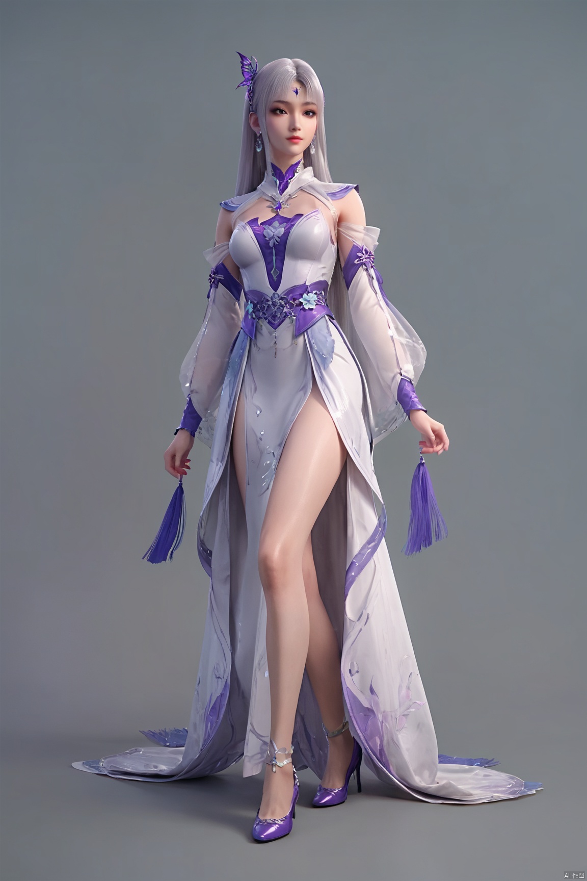 score_9_up,score_8_up,score_7_up, XYX,1girl, solo,shiny_skin, long hair, white gray hair, hair ornament, dress, jewelry, full body, earrings, detached sleeves, white dress, high heels, bare legs,purple footwear